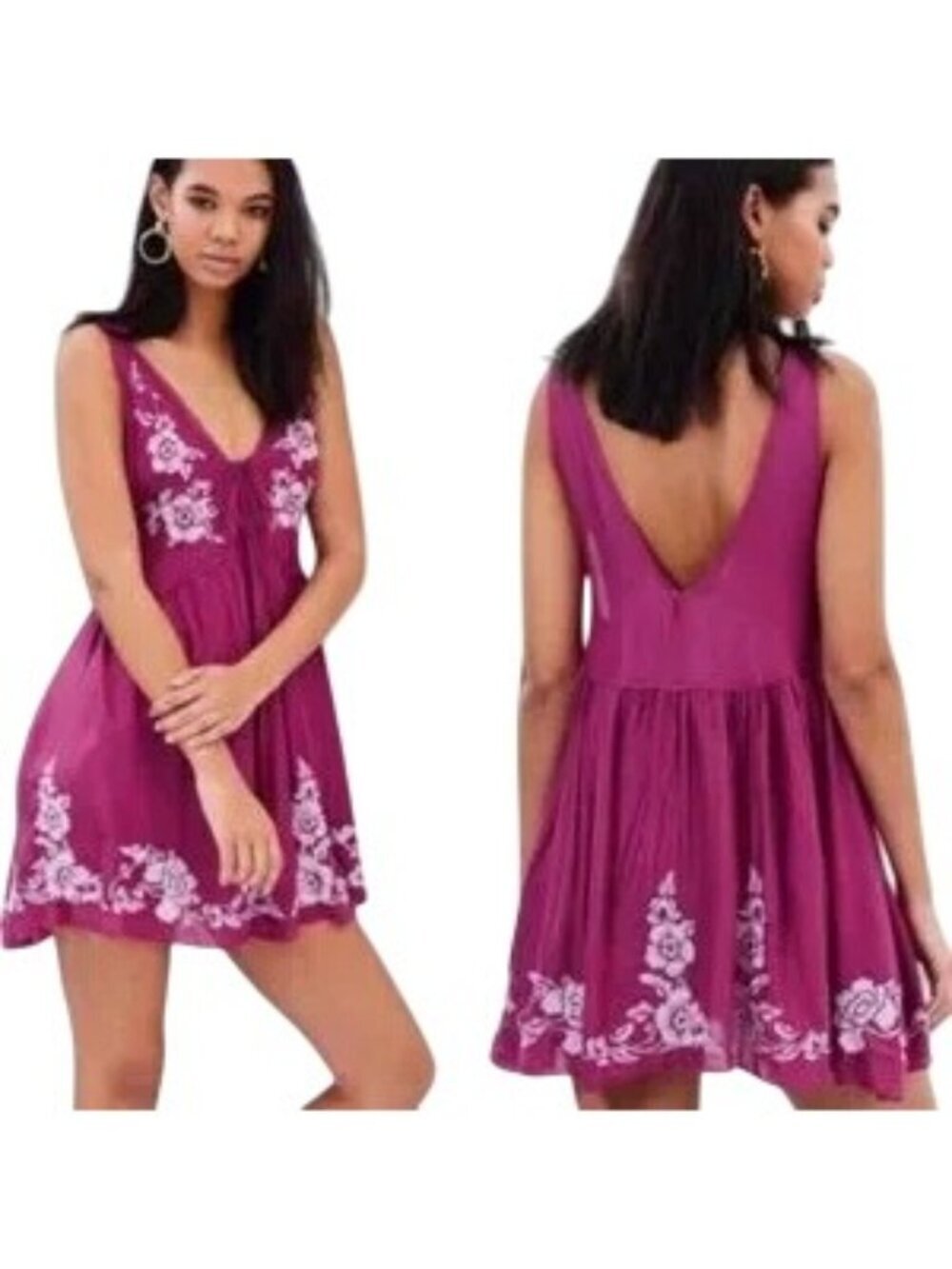 Free People Aida Purple Floral Embroidered Slip Tunic Mini Dress